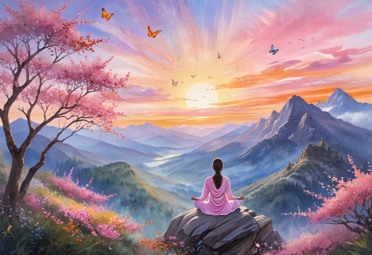 A serene landscape depicting a person meditating on a mountaintop during sunrise, surrounded by vibrant blossoms and soft rays of light. Ethereal butterflies dance around, symbolizing joy and transformation, with subtle sparkles that hint at blissful energy. The sky is painted with soft pastels of pink and orange, evoking a sense of tranquility and delight. watercolors. dreamy style. vibrant colors.