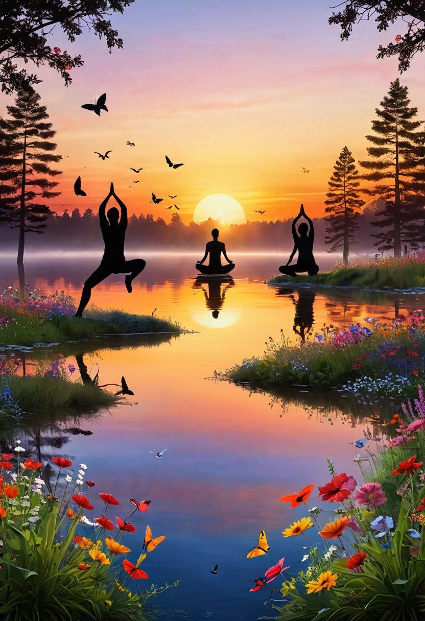 A serene landscape featuring a sunrise over a tranquil lake, with vibrant wildflowers in the foreground. Silhouetted figures practicing yoga, radiating joy and positivity. Soft glowing light enhances the uplifting atmosphere. Colorful butterflies fluttering around, symbolizing transformation and happiness. super-realistic. vibrant colors. 3D.