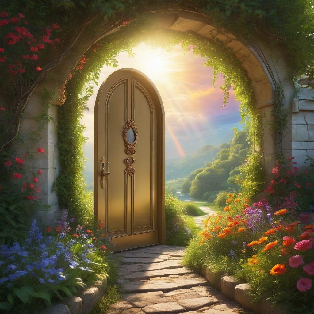 A serene landscape featuring a golden key unlocking a large, ornate door surrounded by lush greenery and vibrant flowers, symbolizing the secrets to happiness. Soft rays of sunlight filter through the trees, casting a warm, inviting glow. Include subtle hints of a rainbow in the background, representing joy, and a winding path leading to a peaceful horizon. super-realistic. vibrant colors. dreamy atmosphere.